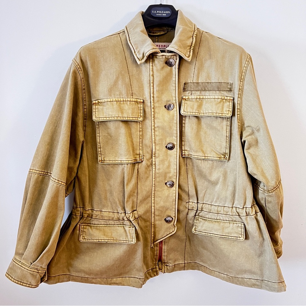 Free People Tan/Greenish Hue Jean Military Jacket with Relaxed Fit Oversized Fit